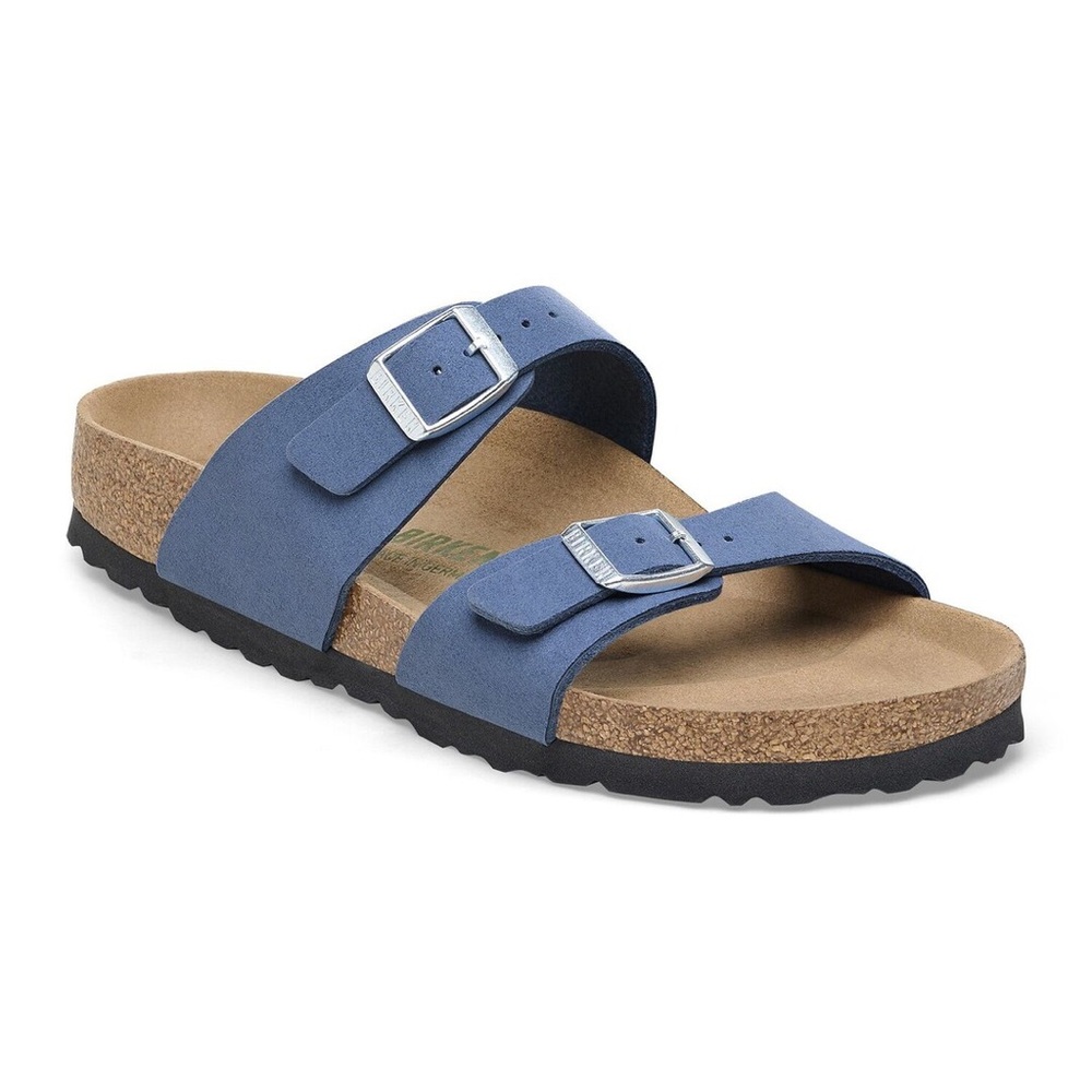 Birkenstock Sydney Vegan Synthetics in Elemental Blue: Slide Sandals